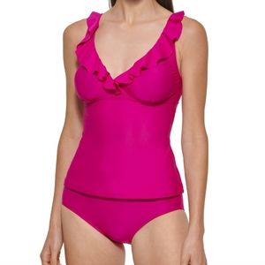 DKNY Tankini Swimsuit Ruffle Pink Magenta Women's Extra Large XL NWT